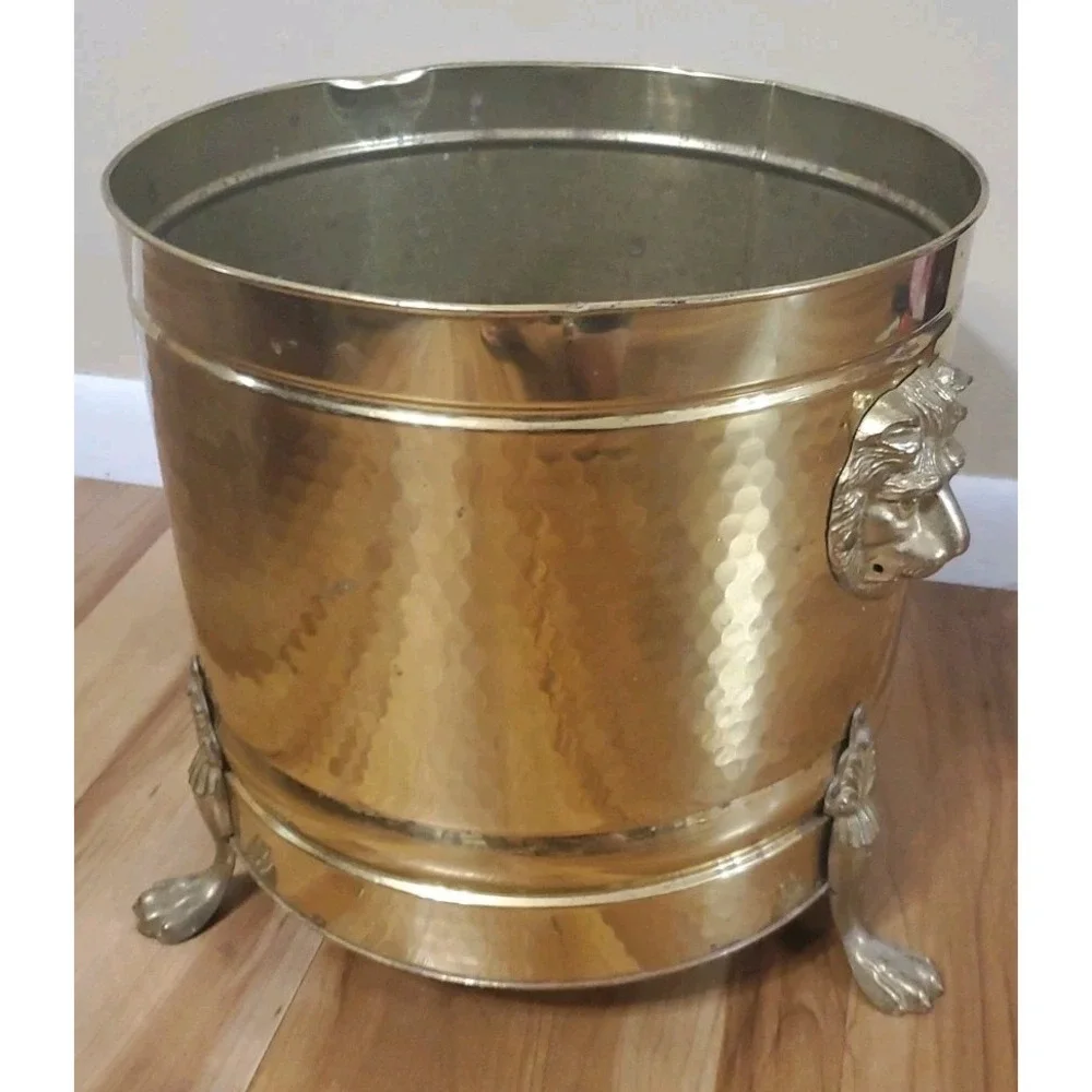 Vintage Brass Lion Head Planter Hollywood Regency Footed Cachepot Plant Pot